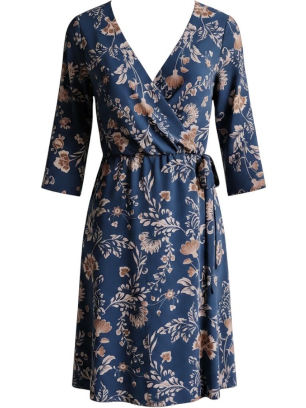 Everly Floral‎ Faux Wrap Dress Dark Teal Blue Pink 3/4 Sleeve Tie Waist Casual M